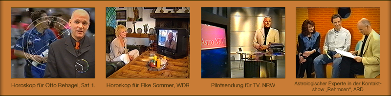 Horoskop für Otto Rehagel, Sat 1. Horoskop für Elke Sommer, WDR. Pilotsendung für TV.NRW. Astrologischer Experte in der Kontaktshow 'Rehmsen', ARD